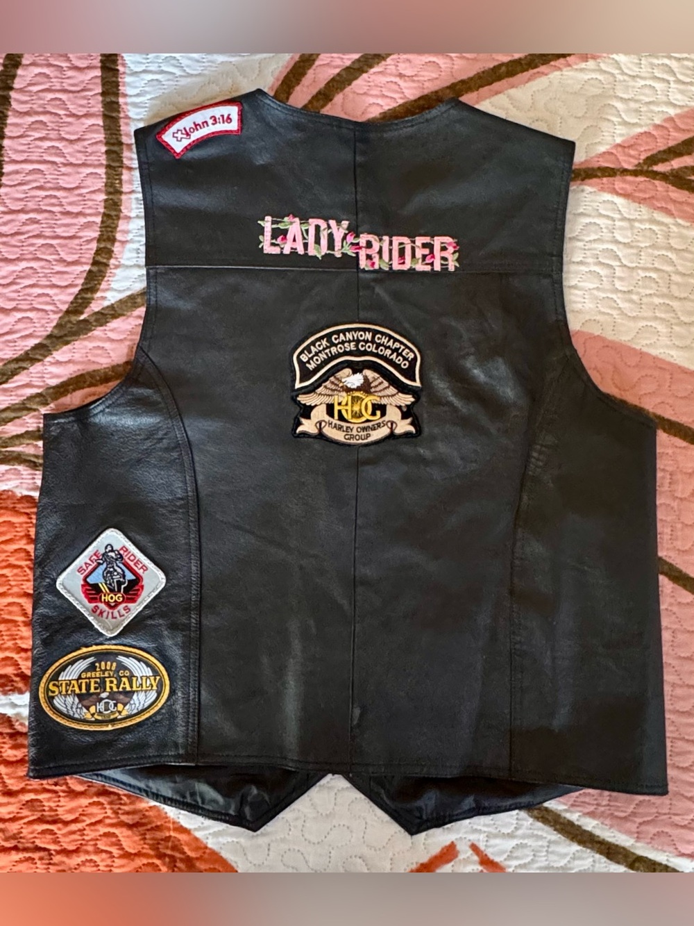 Black Leather Vest Harley Embroidered Patches 2XL